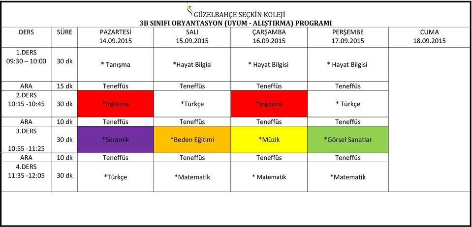 10:15-10:45 30 dk *İngilizce *Türkçe *İngilizce * Türkçe 30 dk *Seramik *Beden