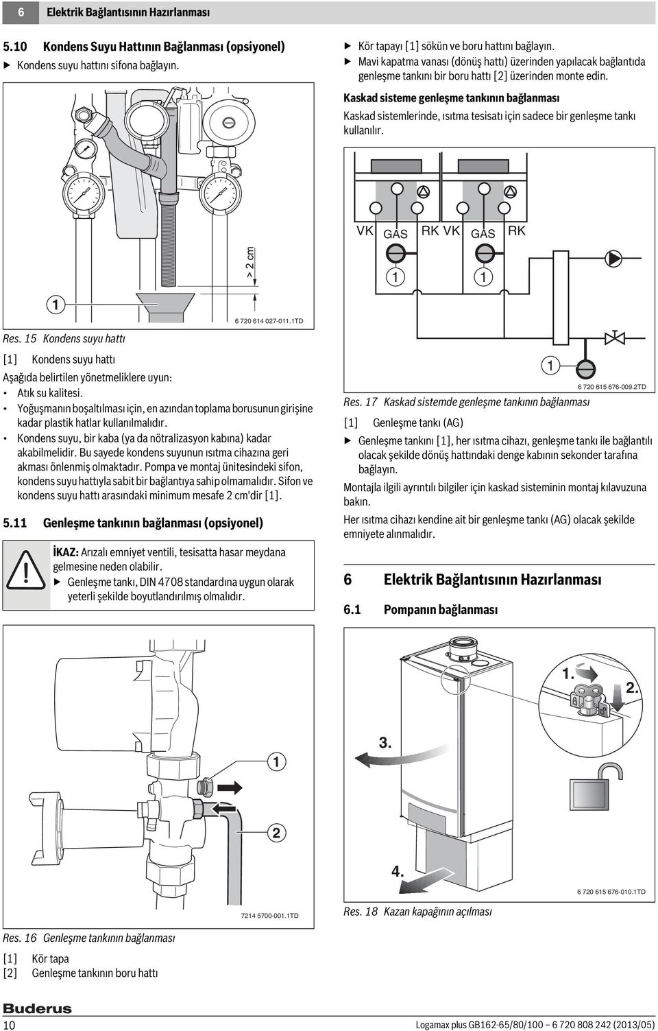 Kaskad sisteme genleşme tankının bağlanması Kaskad sistemlerinde, ısıtma tesisatı için sadece bir genleşme tankı kullanılır. VK GAS RK VK GAS RK Res.