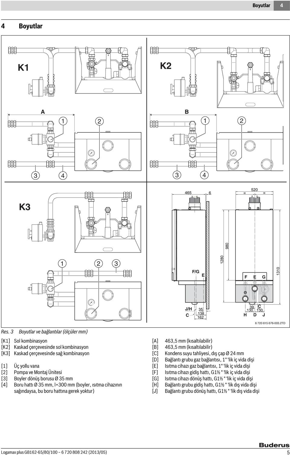dönüş borusu Ø 35 mm [4] Boru hattı Ø 35 mm, l=300 mm (boyler, ısıtma cihazının sağındaysa, bu boru hattına gerek yoktur) [A] [B] [C] [D] [E] [F] [G] [H] [J] 463,5 mm (kısaltılabilir) 463,5 mm