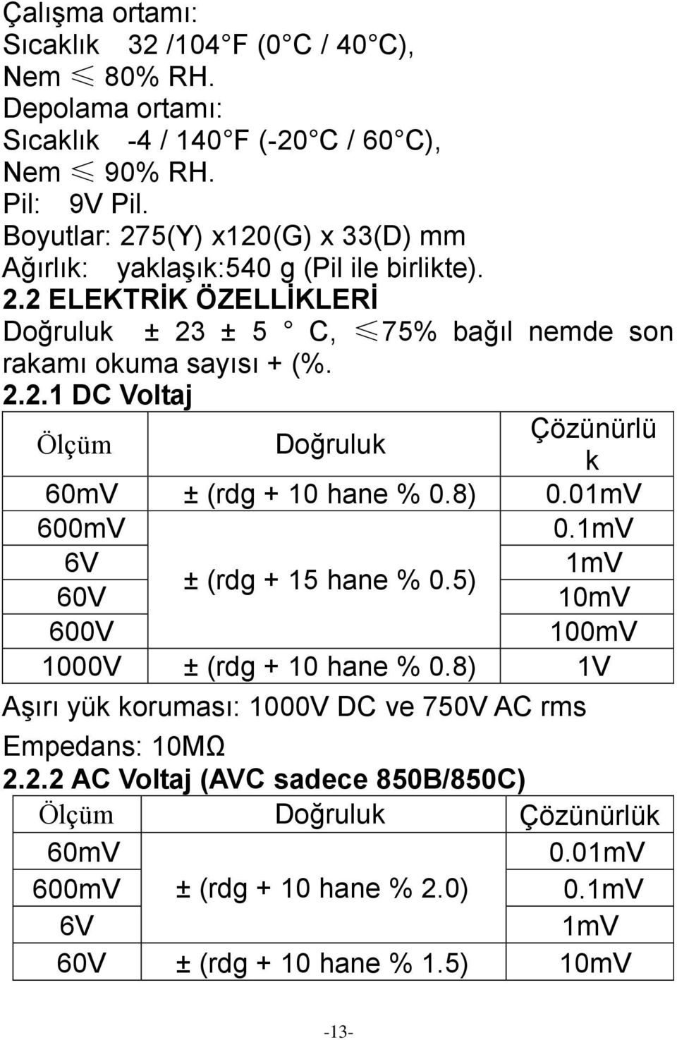 8) 0.01mV 600mV 0.1mV 6V 1mV ± (rdg + 15 hane % 0.5) 60V 10mV 600V 100mV 1000V ± (rdg + 10 hane % 0.8) 1V Aşırı yük koruması: 1000V DC ve 750V AC rms Empedans: 10MΩ 2.