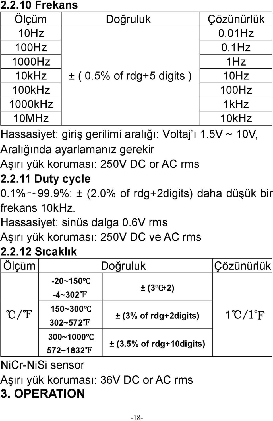 5V ~ 10V, Aralığında ayarlamanız gerekir Aşırı yük koruması: 250V DC or AC rms 2.2.11 Duty cycle 0.1%~99.9%: ± (2.0% of rdg+2digits) daha düşük bir frekans 10kHz.