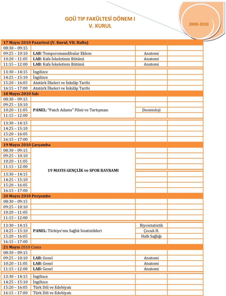 Tarihi 18 Mayıs 2010 Salı 10:20 11:05 PANEL: Patch Adams Filmi ve Tartışması Deontoloji 14:25 15:10 15:20 16:05 19 Mayıs 2010 Çarşamba 10:20 11:05 14:25 15:10