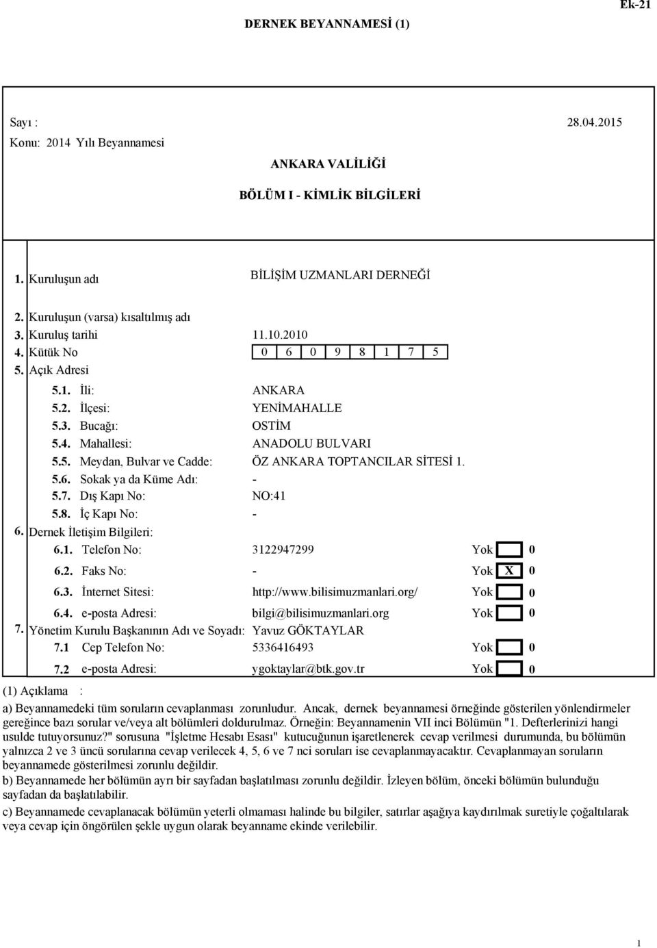 2 İli İlçesi Bucağı Mahallesi Meydan, Bulvar ve Cadde Sokak ya da Küme Adı Dış Kapı No İç Kapı No Faks No İnternet Sitesi e-posta Adresi e-posta Adresi 110.