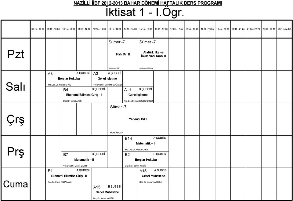 "letme Doç.Dr. $smet ATE& Yrd.Doç.Dr. Mustafa DO#ANER Sümer -7 Yabanc# Dil II Murat MADAK B14 B7 Matematik II Yrd.Doç.Dr. Mesut ÇAKIR B2 Matematik II Borçlar Hukuku Yrd.