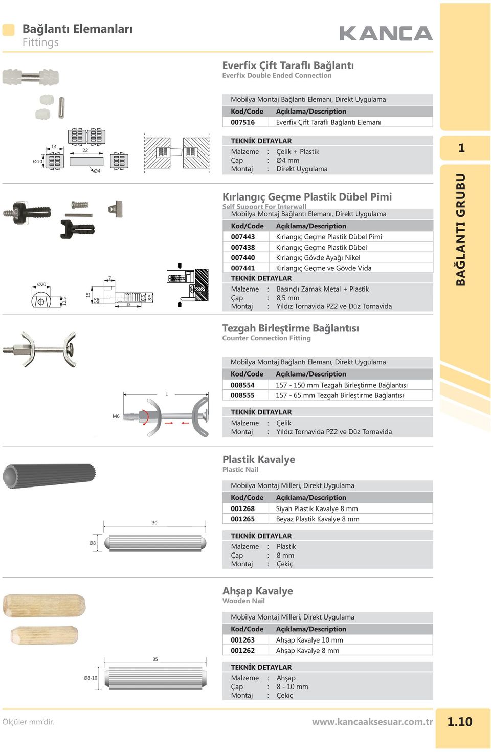 Tezgah Birleştirme Bağlantısı Counter Connection Fitting L 008554 57-50 mm Tezgah Birleştirme Bağlantısı 008555 57-65 mm Tezgah Birleştirme Bağlantısı M6 Kavalye Plastic Nail 30 Mobilya Montaj