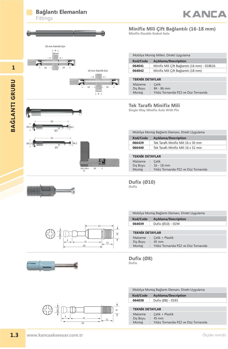 Mili Single Way Minifix Axle With Pin 52 Ø,5 Ø6,2 066439 Tek Taraflı Minifix Mili 6 x 50 mm Ø7 066440 Tek Taraflı Minifix Mili 6 x 52 mm 6-8 A 34 Dış Boyu : 6-8 mm Dufix (Ø0)