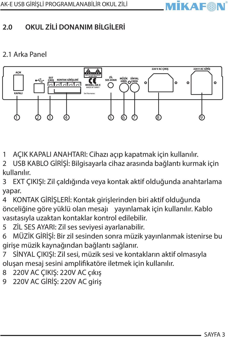 4 KONTAK GİRİŞLERİ: Kontak girişlerinden biri aktif olduğunda önceliğine göre yüklü olan mesajı yayınlamak için kullanılır. Kablo vasıtasıyla uzaktan kontaklar kontrol edilebilir.