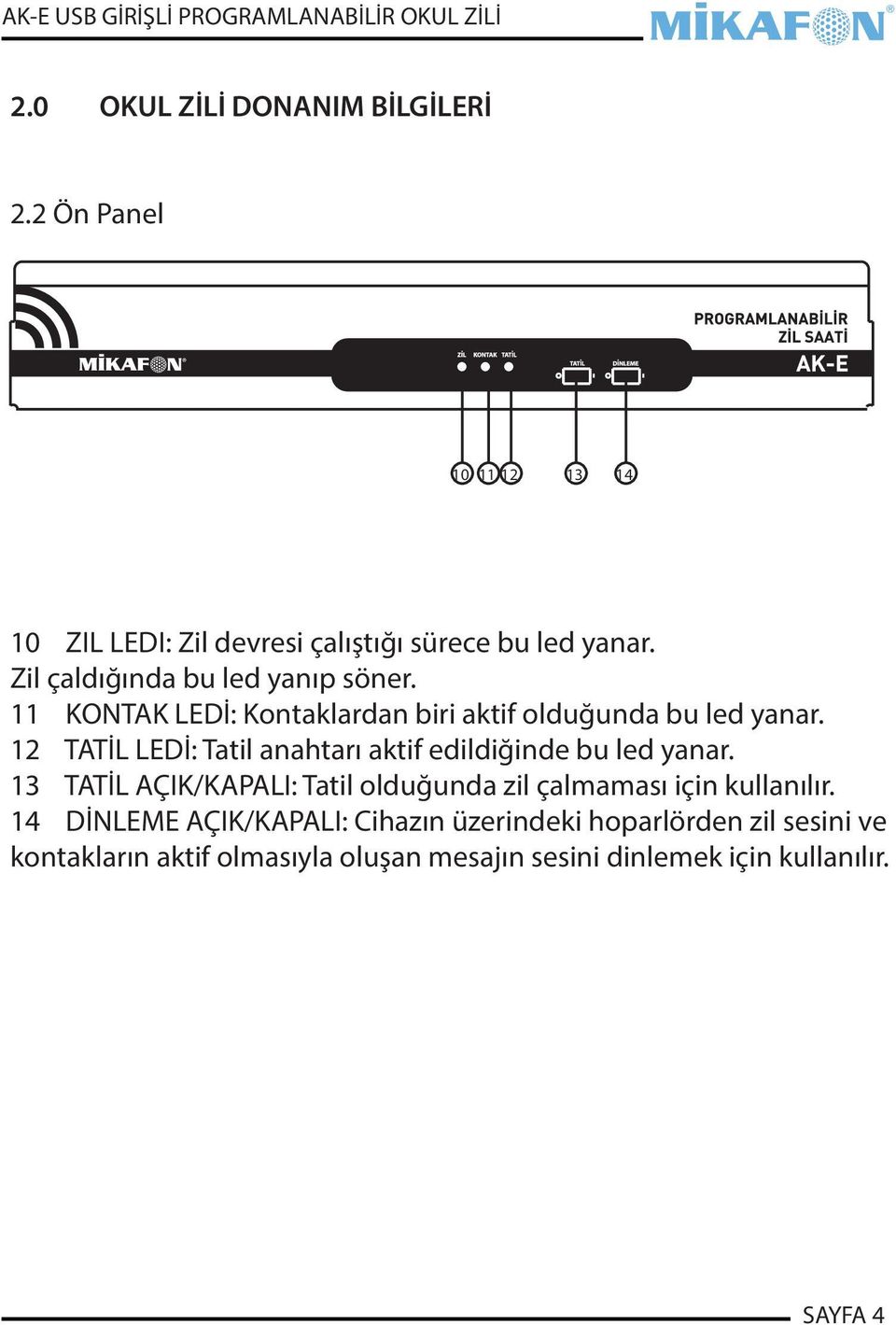 12 TATİL LEDİ: Tatil anahtarı aktif edildiğinde bu led yanar.