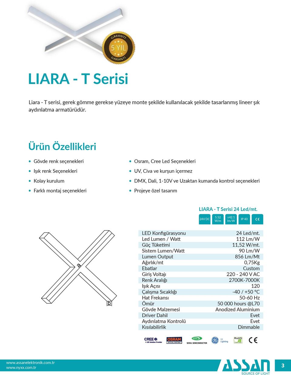 kontrol seçenekleri Projeye özel tasarım LIARA - T Serisi 24 Led/mt. 24V DC 5.52 W/m 42.
