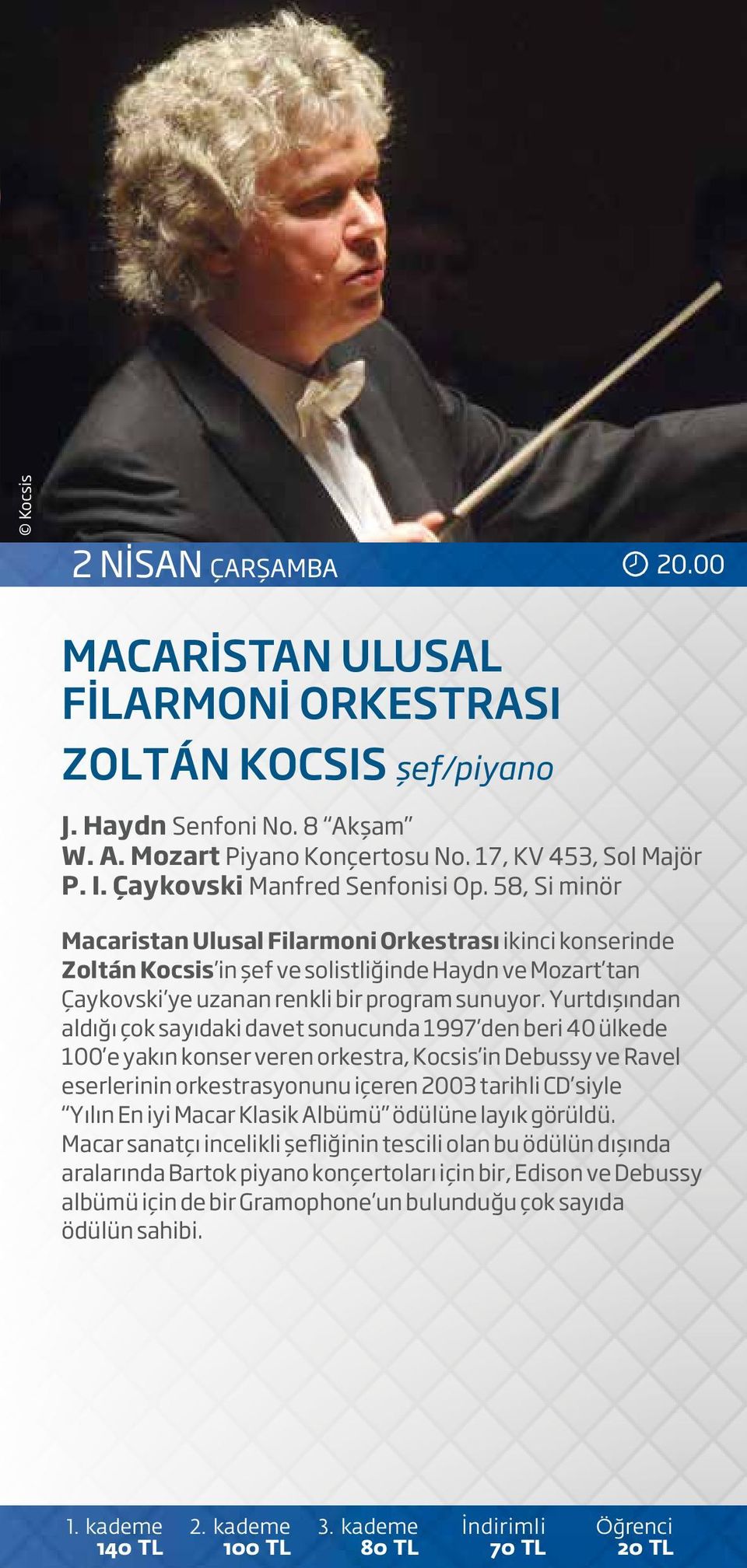58, Si minör Macaristan Ulusal Filarmoni Orkestrası ikinci konserinde Zoltán Kocsis in şef ve solistliğinde Haydn ve Mozart tan Çaykovski ye uzanan renkli bir program sunuyor.
