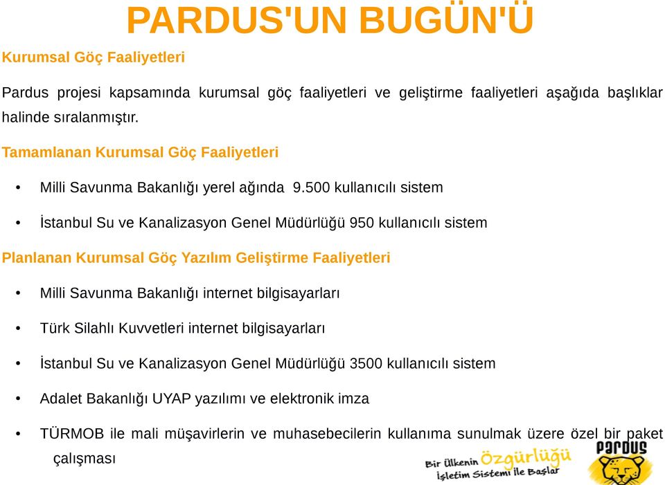 500 kullanıcılı sistem İstanbul Su ve Kanalizasyon Genel Müdürlüğü 950 kullanıcılı sistem Planlanan Kurumsal Göç Yazılım Geliştirme Faaliyetleri Milli Savunma Bakanlığı