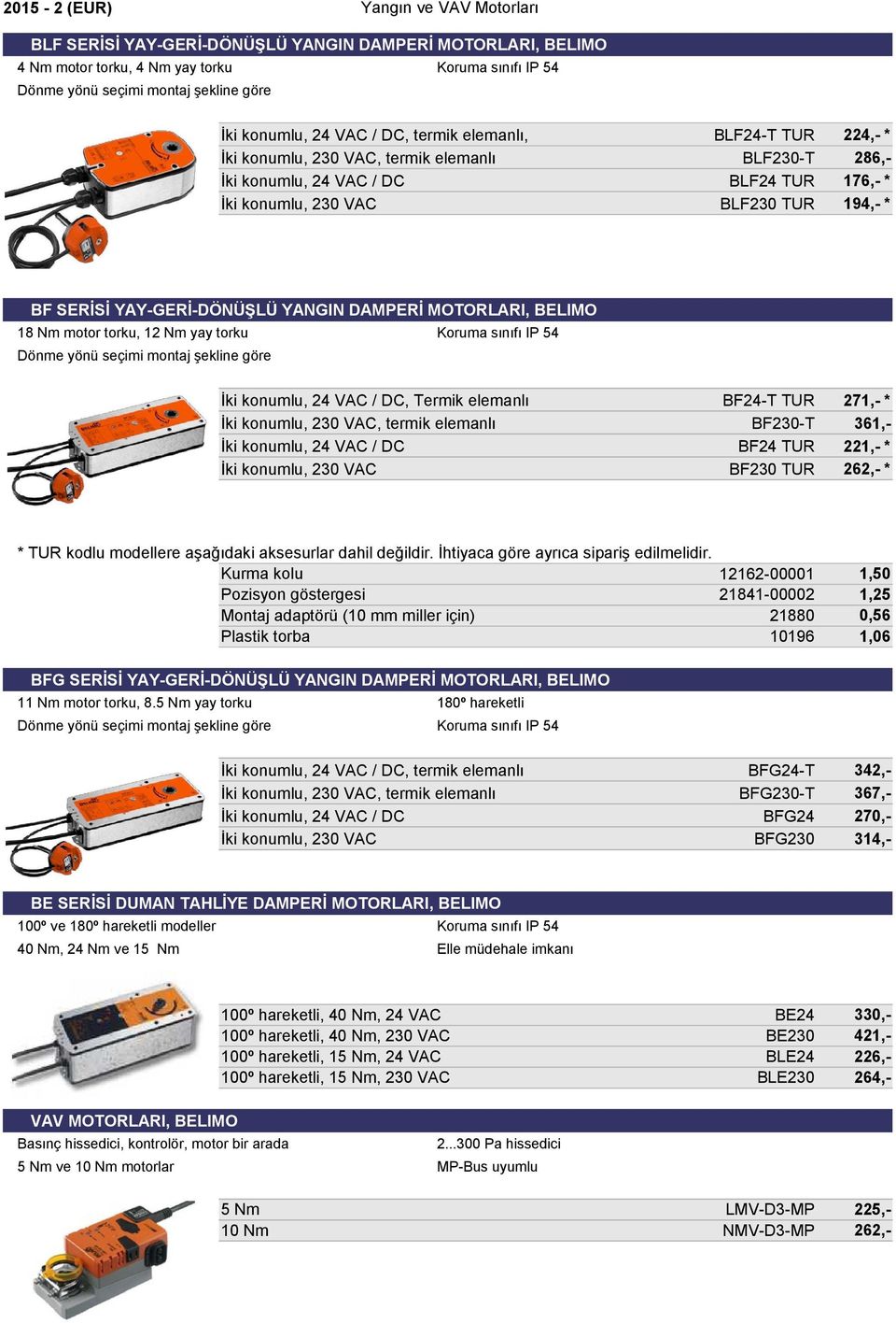 Koruma sınıfı IP 54 Dönme yönü seçimi montaj şekline göre, Termik elemanlı, termik elemanlı BF24-T TUR 271,- * BF230-T 361,- BF24 TUR 221,- * BF230 TUR 262,- * * TUR kodlu modellere aşağıdaki