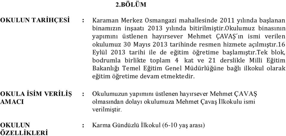 16 Eylül 2013 tarihi ile de eğitim öğretime başlamıştır.