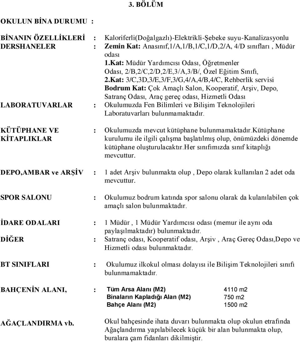 Kat: 3/C,3D,3/E,3/F,3/G,4/A,4/B,4/C, Rehberlik servisi Bodrum Kat: Çok Amaçlı Salon, Kooperatif, ArĢiv, Depo, Satranç Odası, Araç gereç odası, Hizmetli Odası LABORATUVARLAR : Okulumuzda Fen Bilimleri