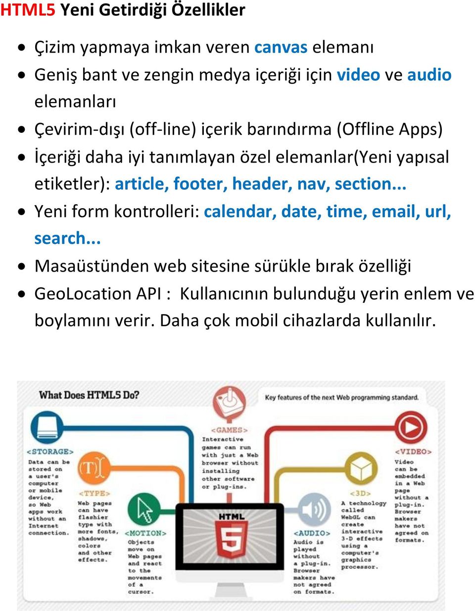 etiketler): article, footer, header, nav, section... Yeni form kontrolleri: calendar, date, time, email, url, search.