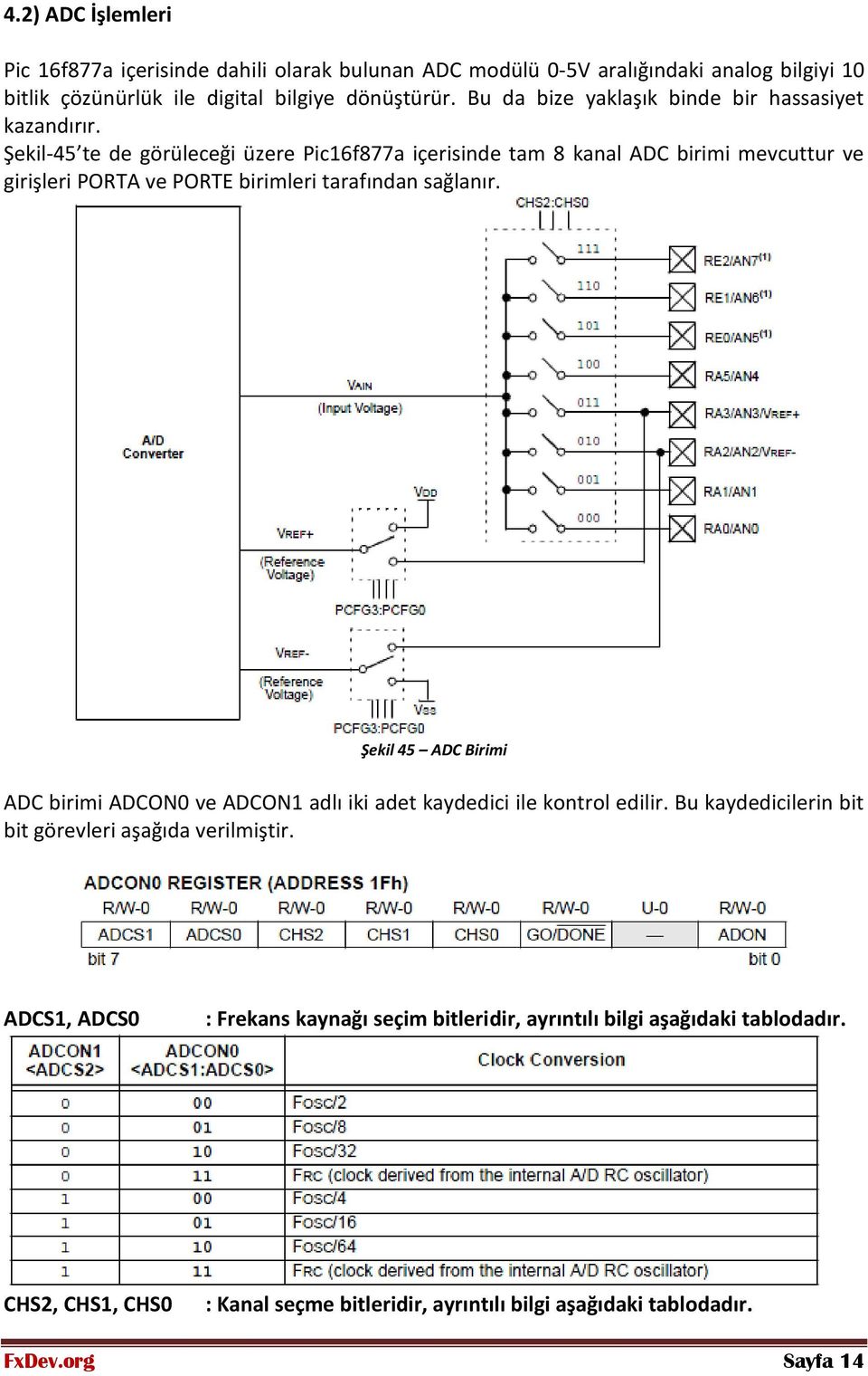 Şekil-45 te de görüleceği üzere Pic16f877a içerisinde tam 8 kanal ADC birimi mevcuttur ve girişleri PORTA ve PORTE birimleri tarafından sağlanır.