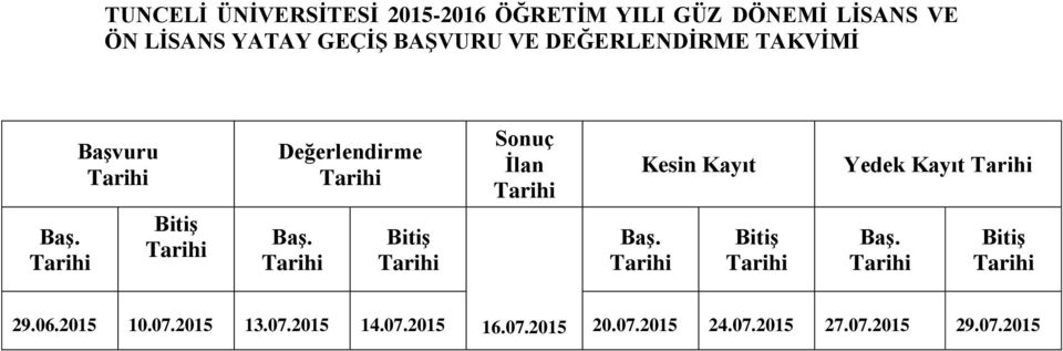 Değerlendirme Sonuç İlan Kesin Kayıt Yedek Kayıt 29.06.2015 10.07.