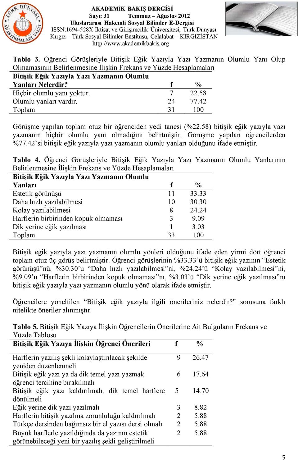 f % Hiçbir olumlu yanı yoktur. 7 22.58 Olumlu yanları vardır. 24 77.42 Toplam 31 100 Görüşme yapılan toplam otuz bir öğrenciden yedi tanesi (%22.