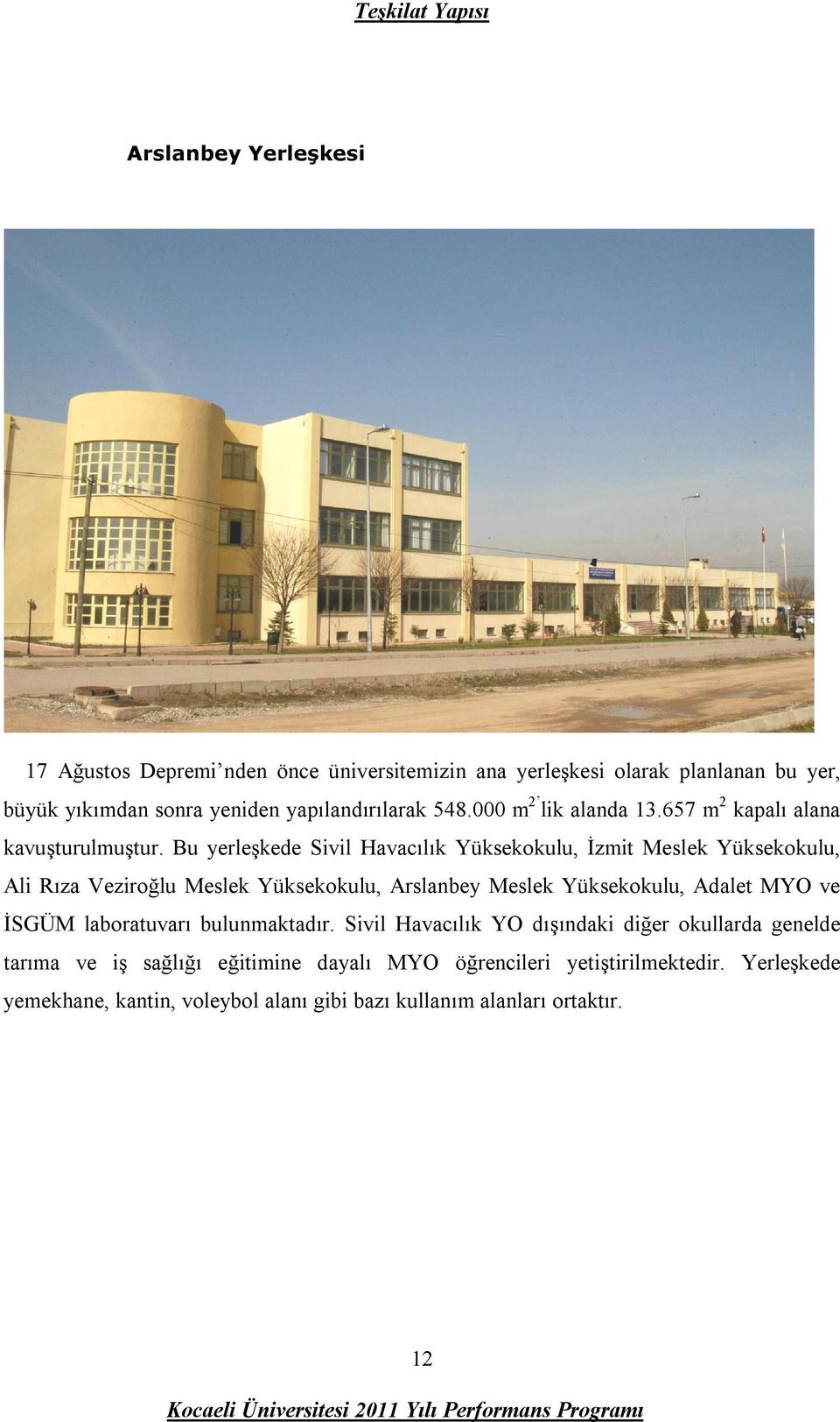 Bu yerleşkede Sivil Havacılık Yüksekokulu, İzmit Meslek Yüksekokulu, Ali Rıza Veziroğlu Meslek Yüksekokulu, Arslanbey Meslek Yüksekokulu, Adalet MYO ve İSGÜM