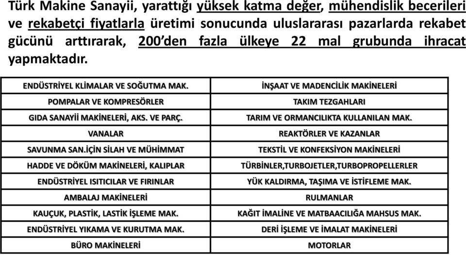 İÇİN SİLAH VE MÜHİMMAT HADDE VE DÖKÜM MAKİNELERİ, KALIPLAR ENDÜSTRİYEL ISITICILAR VE FIRINLAR AMBALAJ MAKİNELERİ KAUÇUK, PLASTİK, LASTİK İŞLEME MAK. ENDÜSTRİYEL YIKAMA VE KURUTMA MAK.