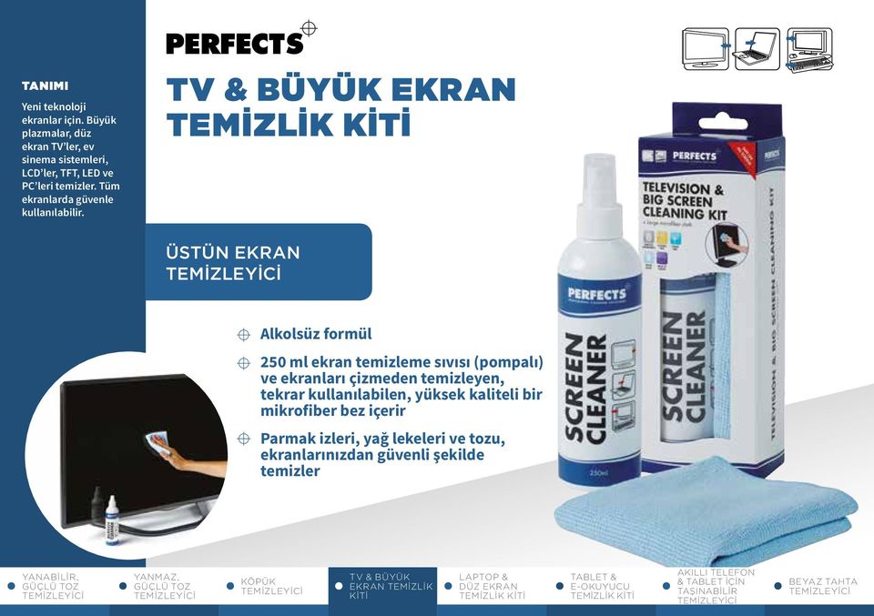 TV & BÜYÜK EKRAN ÜSTÜN EKRAN Alkolsüz formül 250 ml ekran temizleme sıvısı (pompalı) ve ekranları çizmeden temizleyen, tekrar kullanılabilen,