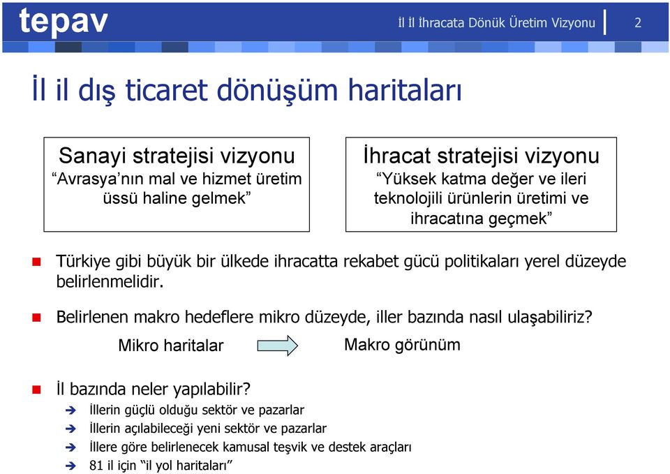 yerel düzeyde belirlenmelidir. Belirlenen makro hedeflere mikro düzeyde, iller bazında nasıl ulaşabiliriz? Mikro haritalar Makro görünüm İl bazında neler yapılabilir?