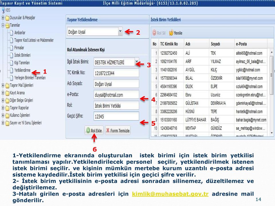 ve kişinin mümkün mertebe kurum uzantılı e-posta adresi sisteme kaydedilir.istek birim yetkilisi için geçici şifre verilir.