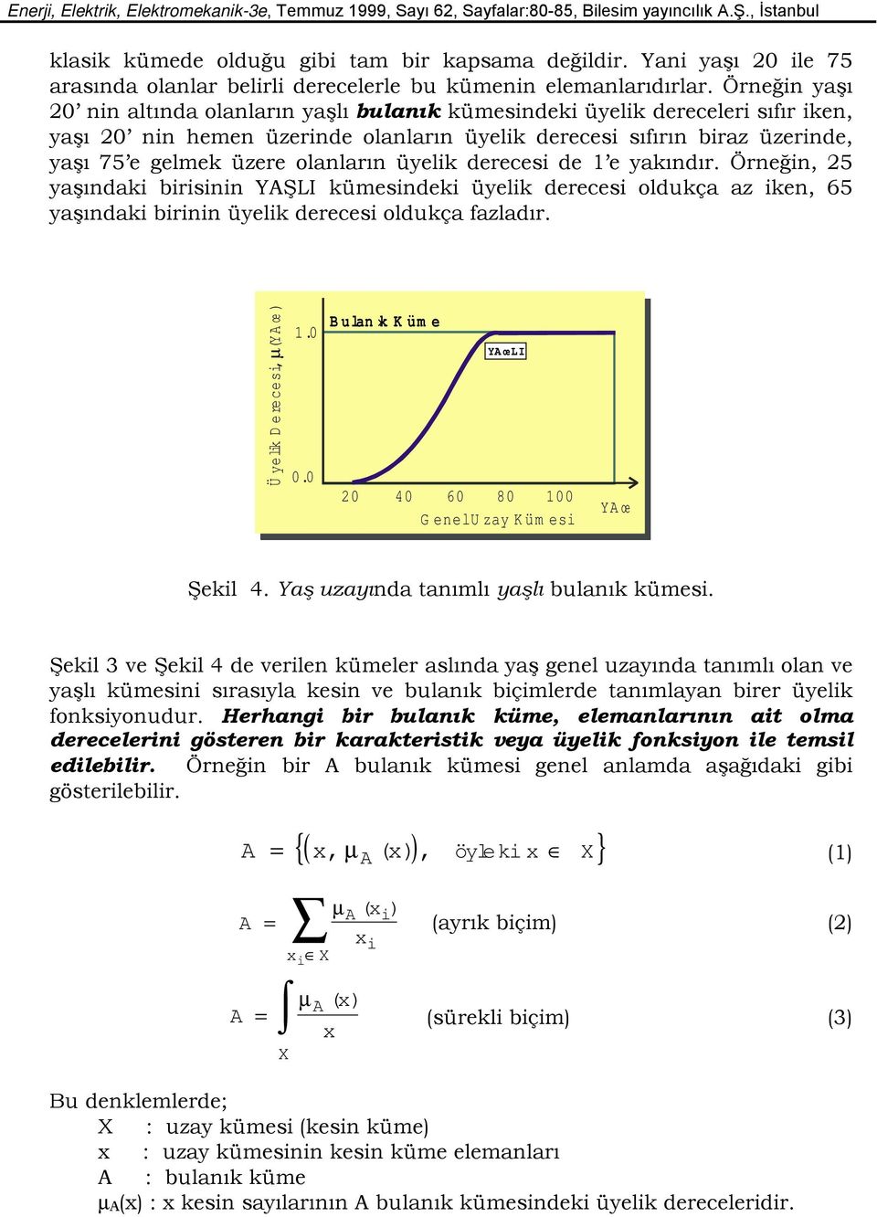 olanların üyelik derecesi de 1 e yakındır. Örneğin, 25 yaşındaki birisinin YAŞLI kümesindeki üyelik derecesi oldukça az iken, 65 yaşındaki birinin üyelik derecesi oldukça fazladır.