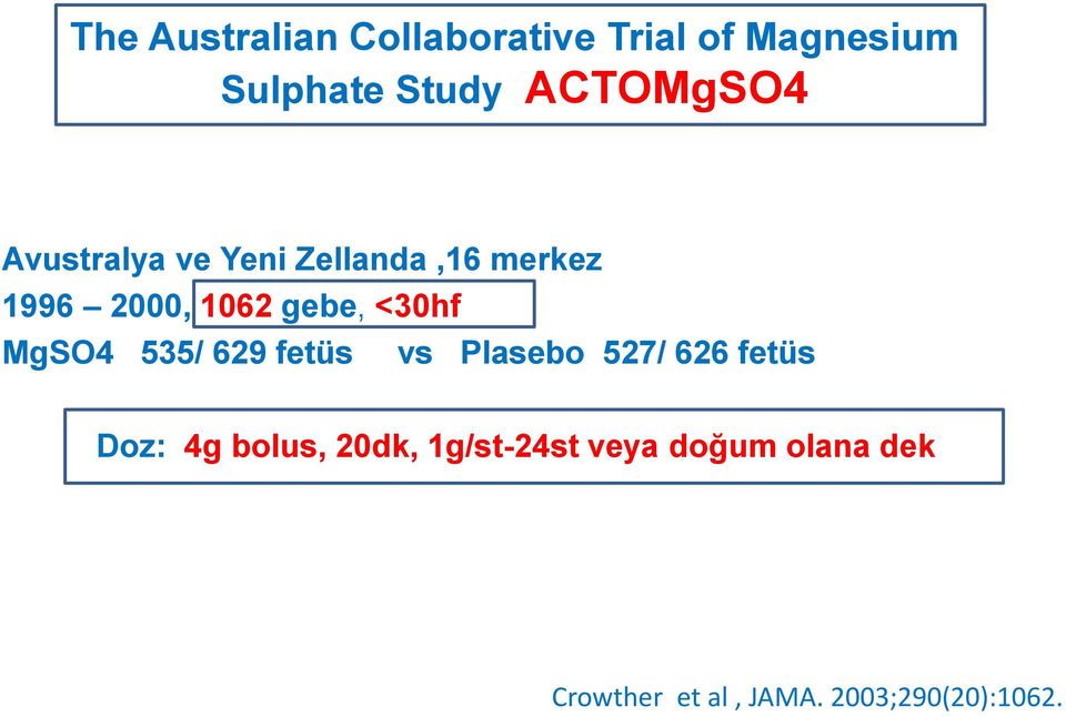 <30hf MgSO4 535/ 629 fetüs vs Plasebo 527/ 626 fetüs Doz: 4g bolus,