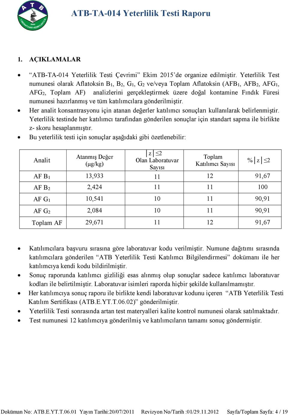 hazırlanmış ve tüm katılımcılara gönderilmiştir. Her analit konsantrasyonu için atanan değerler katılımcı sonuçları kullanılarak belirlenmiştir.