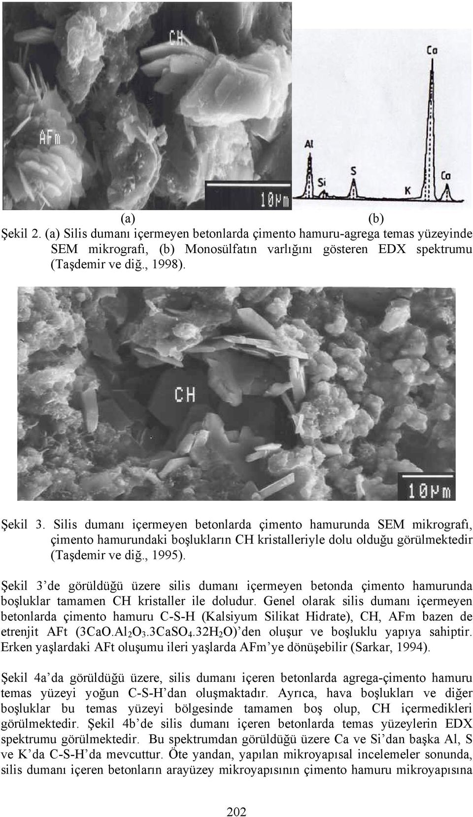 Şekil 3 de görüldüğü üzere silis dumanı içermeyen betonda çimento hamurunda boşluklar tamamen CH kristaller ile doludur.