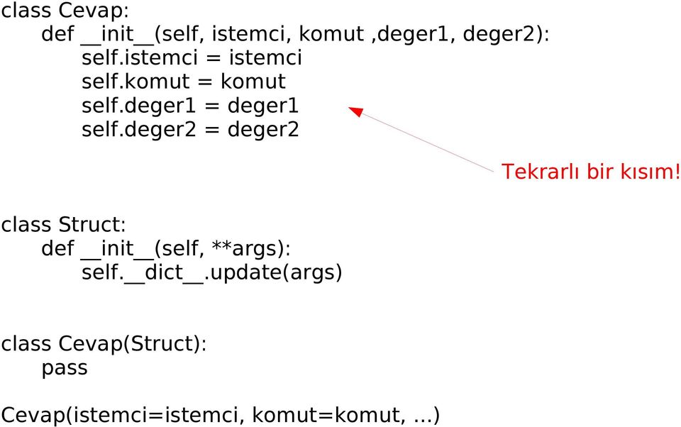 deger2 = deger2 class Struct: def init (self, **args): self. dict.