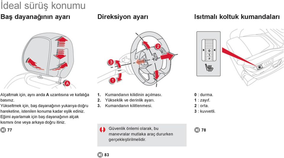 Eğimi ayarlamak için baş dayanağının alçak kısmını öne veya arkaya doğru itiniz. 77 1. Kumandanın kilidinin açılması. 2.