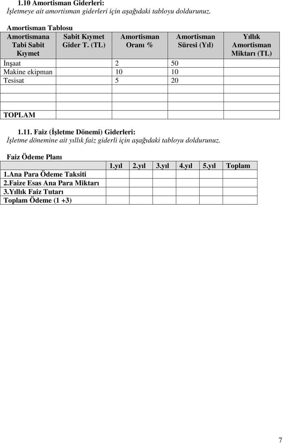 (TL) Kıymet Amortisman Oranı % İnşaat 2 50 Makine ekipman 10 10 Tesisat 5 20 Amortisman Süresi (Yıl) Yıllık Amortisman Miktarı (TL) TOPLAM 1.