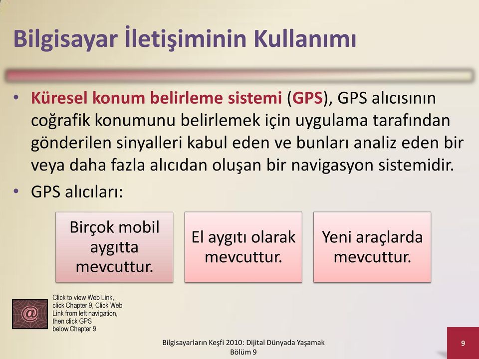 bir navigasyon sistemidir. GPS alıcıları: Birçok mobil aygıtta mevcuttur. El aygıtı olarak mevcuttur.