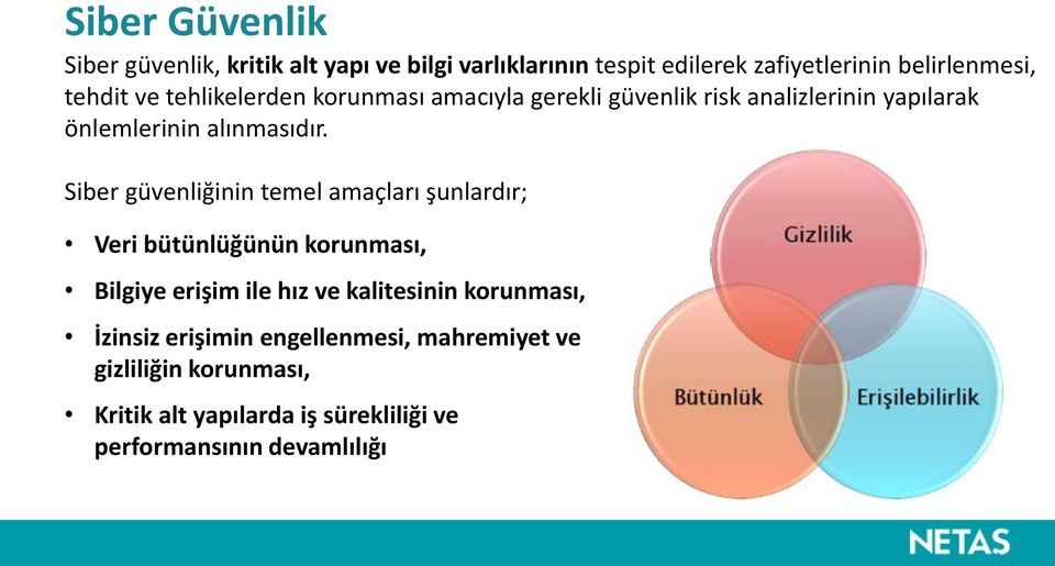 Siber güvenliğinin temel amaçları şunlardır; Veri bütünlüğünün korunması, Bilgiye erişim ile hız ve kalitesinin