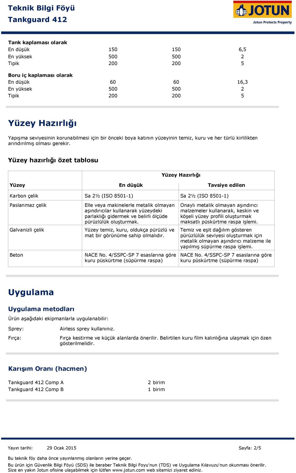 Yüzey hazırlığı özet tablosu Yüzey Hazırlığı Yüzey En düşük Tavsiye edilen Karbon çelik Sa 2½ (ISO 8501-1) Sa 2½ (ISO 8501-1) Paslanmaz çelik Galvanizli çelik Beton Elle veya makinelerle metalik