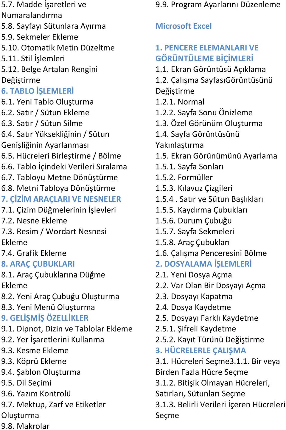 Tabloyu Metne Dönüştürme 6.8. Metni Tabloya Dönüştürme 7. ÇİZİM ARAÇLARI VE NESNELER 7.1. Çizim Düğmelerinin İşlevleri 7.2. Nesne 7.3. Resim / Wordart Nesnesi 7.4. Grafik 8. ARAÇ ÇUBUKLARI 8.1. Araç Çubuklarına Düğme 8.