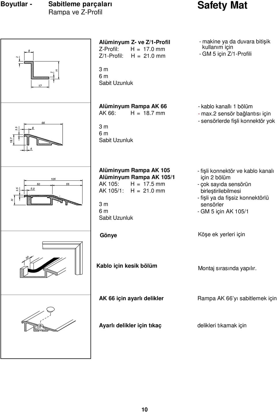 2 sensör bağlantısı için - sensörlerde fişli konnektör yok Alüminyum Rampa AK 105 Alüminyum Rampa AK 105/1 AK 105: H = 17.5 mm AK 105/1: H = 21.