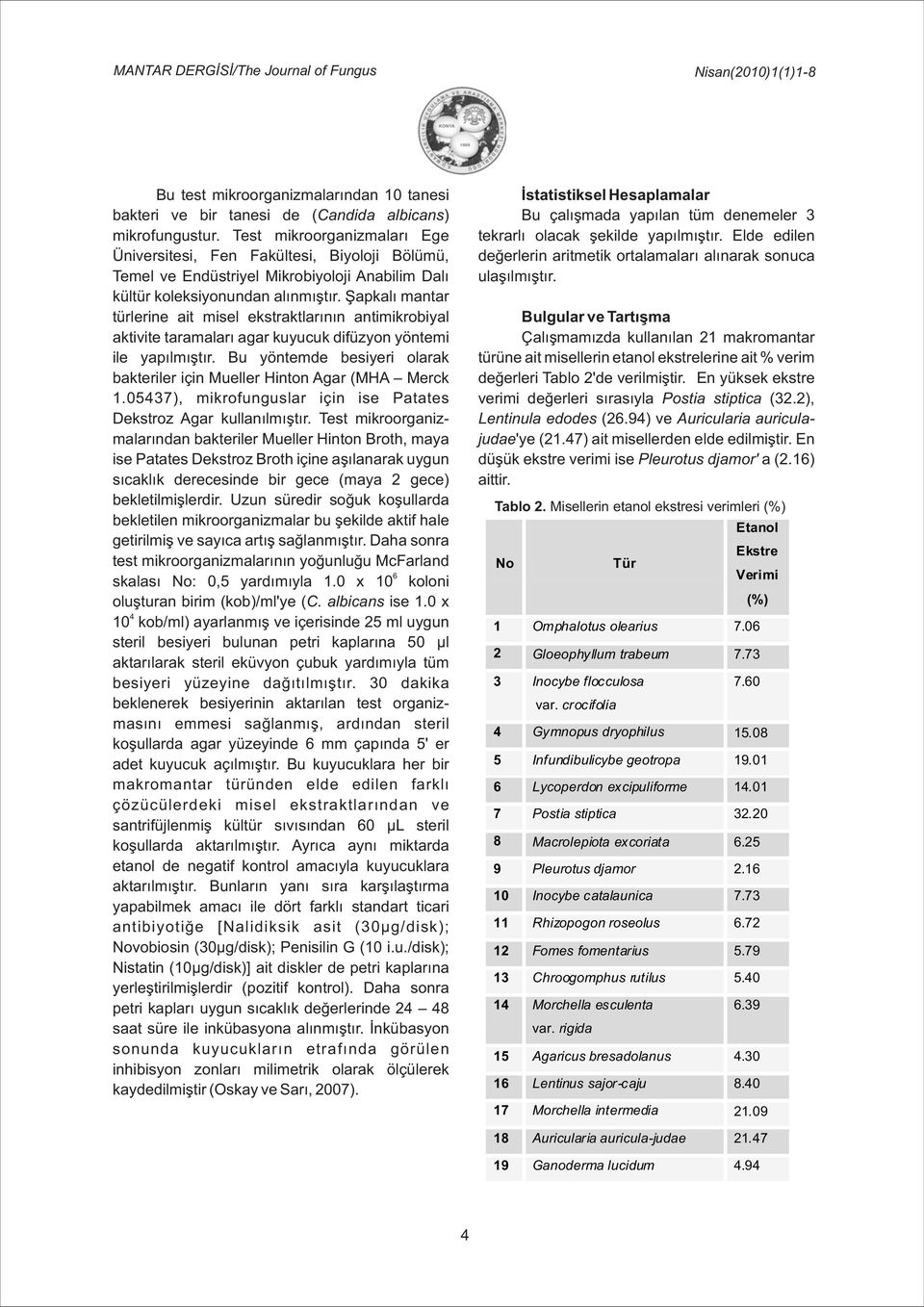 Şapkalı mantar türlerine ait misel ekstraktlarının antimikrobiyal aktivite taramaları agar kuyucuk difüzyon yöntemi ile yapılmıştır.