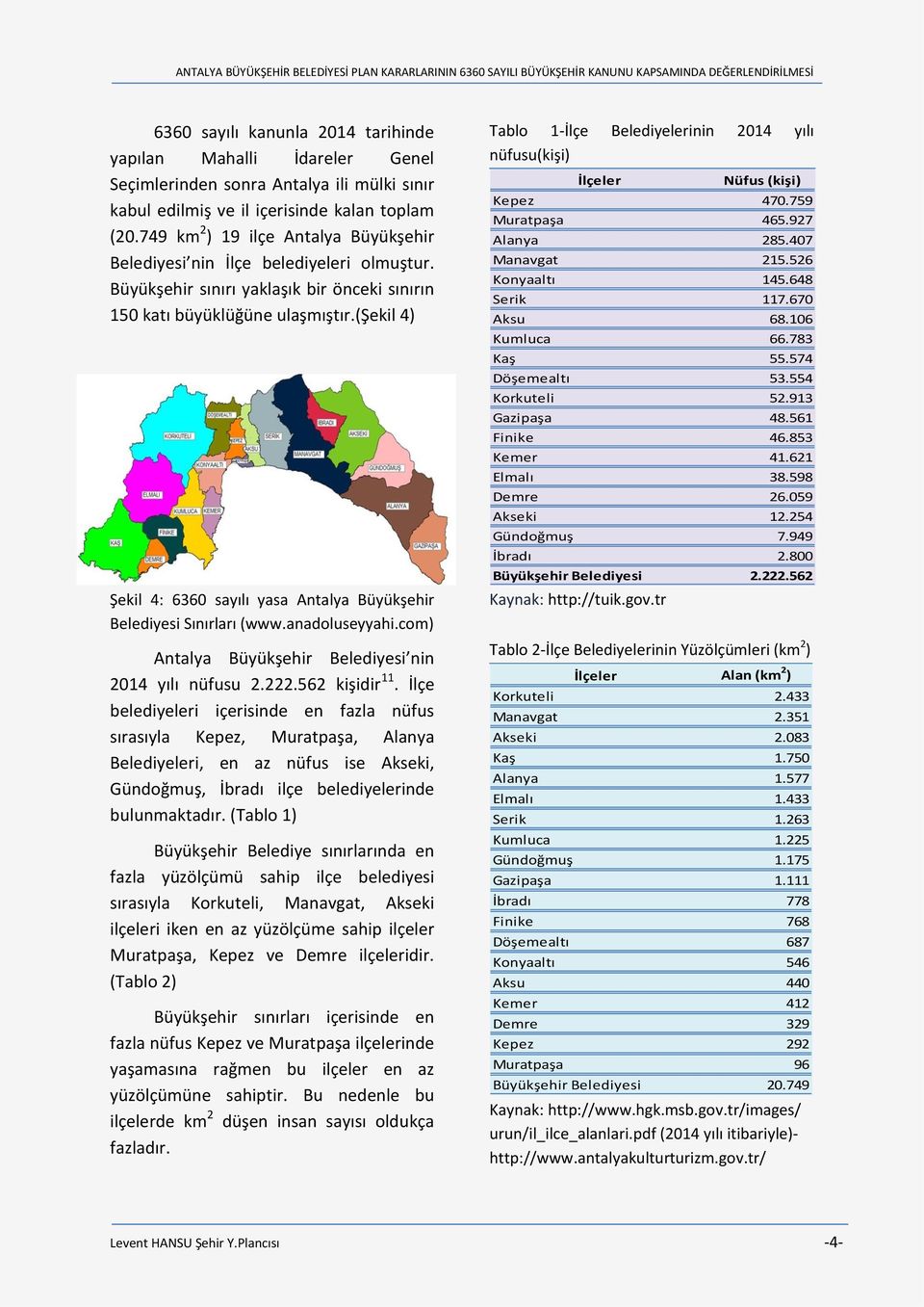 (şekil 4) Şekil 4: 6360 sayılı yasa Antalya Büyükşehir Belediyesi Sınırları (www.anadoluseyyahi.com) Antalya Büyükşehir Belediyesi nin 2014 yılı nüfusu 2.222.562 kişidir 11.