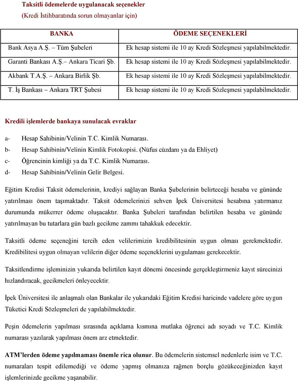 İş Bankası Ankara TRT Şubesi Ek hesap sistemi ile 10 ay Kredi Sözleşmesi yapılabilmektedir. Kredili işlemlerde bankaya sunulacak evraklar a- Hesap Sahibinin/Velinin T.C. Kimlik Numarası.
