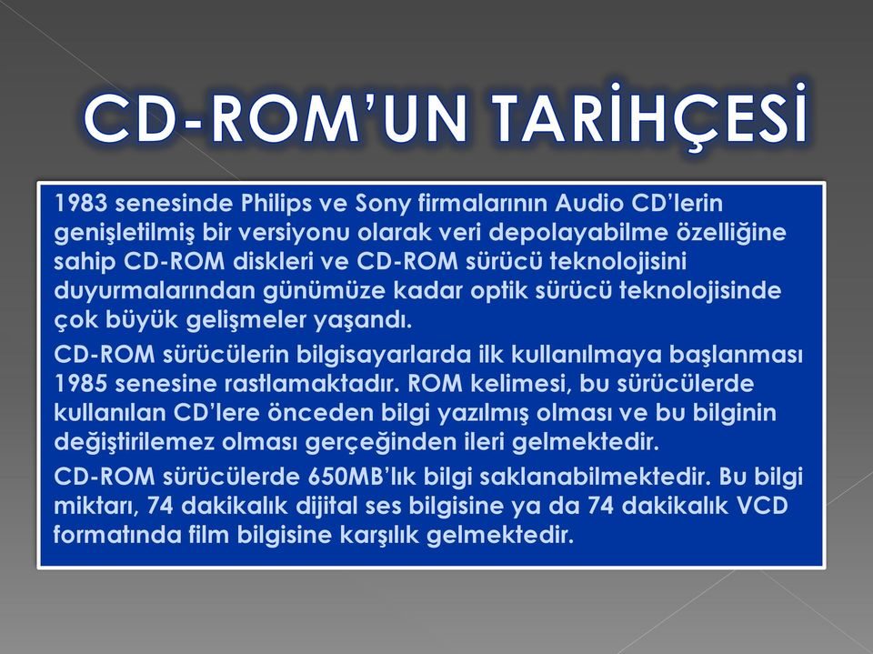 CD-ROM sürücülerin bilgisayarlarda ilk kullanılmaya başlanması 1985 senesine rastlamaktadır.