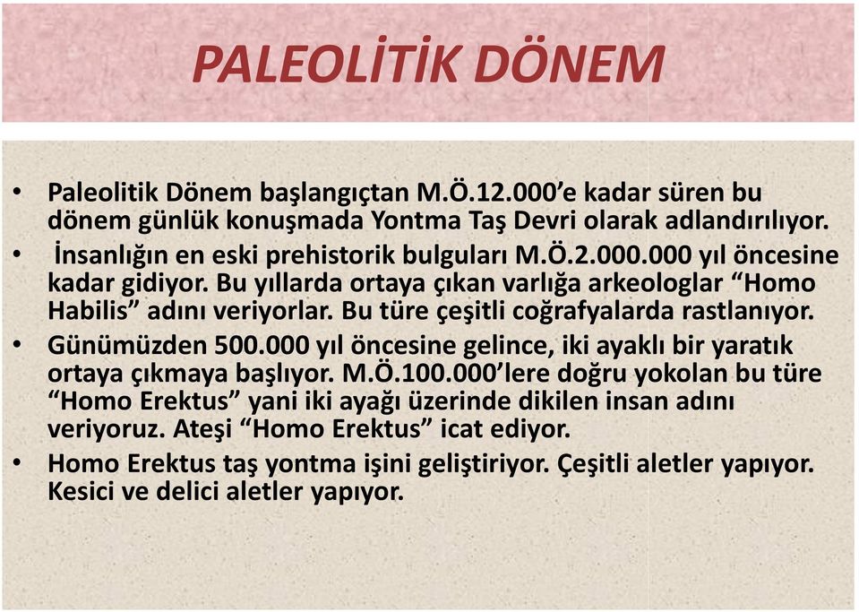 Bu türe çeşitli coğrafyalarda rastlanıyor. Günümüzden 500.000 yıl öncesine gelince, iki ayaklı bir yaratık ortaya çıkmaya başlıyor. M.Ö.100.