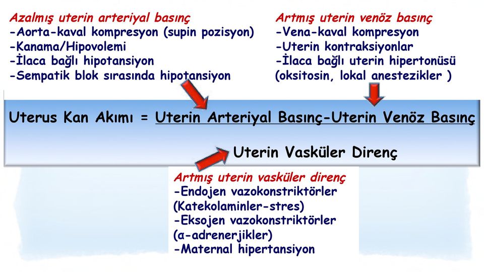 uterin hipertonüsü (oksitosin, lokal anestezikler ) Uterus Kan Akımı = Uterin Arteriyal Basınç-Uterin Venöz Basınç Uterin Vasküler Direnç