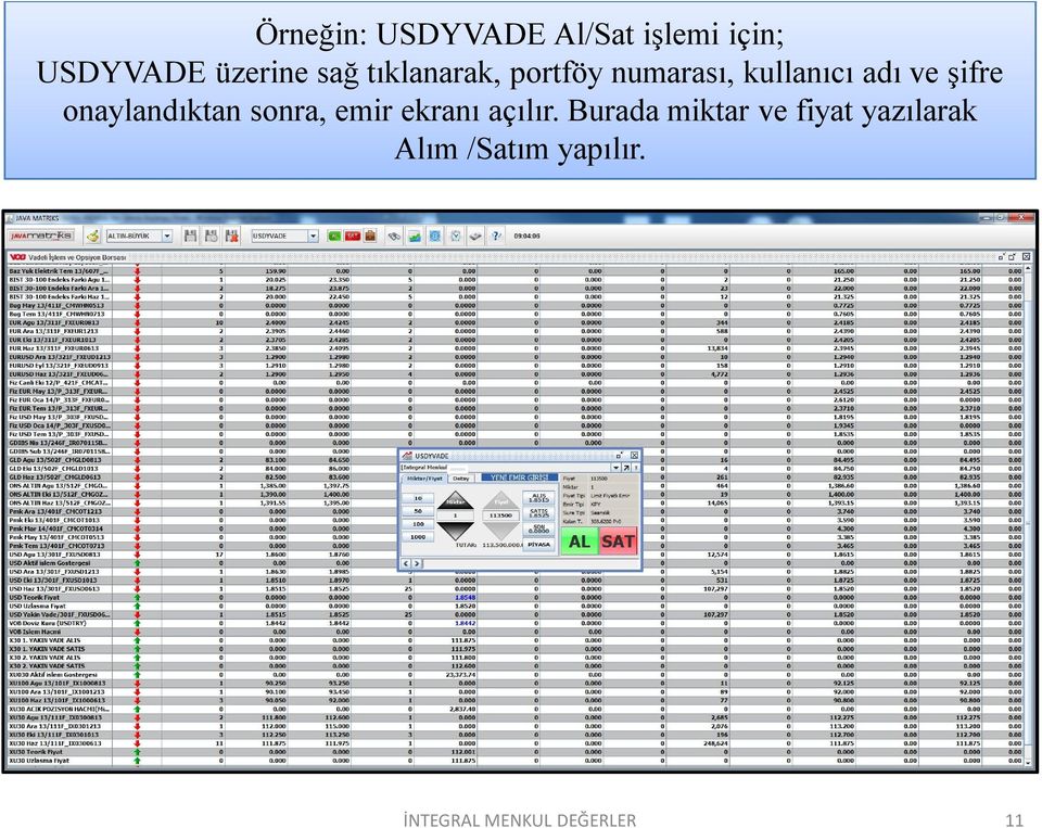 adı ve şifre onaylandıktan sonra, emir ekranı açılır.