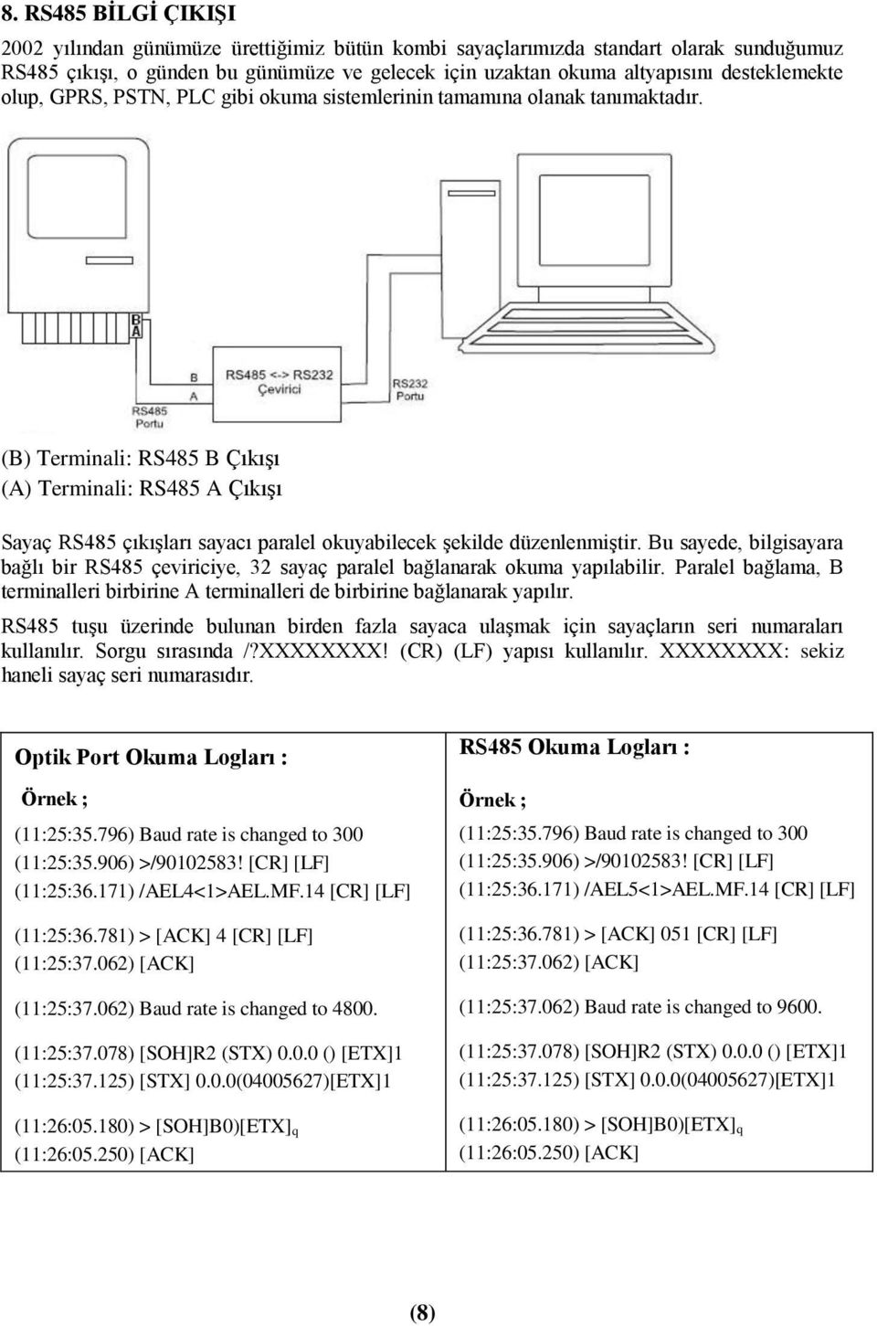 (B) Terminali: RS485 B Çıkışı (A) Terminali: RS485 A Çıkışı Sayaç RS485 çıkışları sayacı paralel okuyabilecek şekilde düzenlenmiştir.