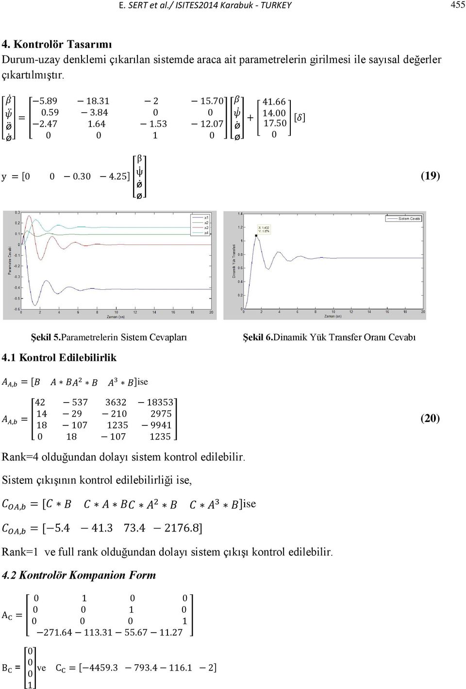 [ ] [ ] [ ] (19) Şekil 5.Parametrelerin Sistem Cevapları 4.1 Kontrol Edilebilirlik Şekil 6.