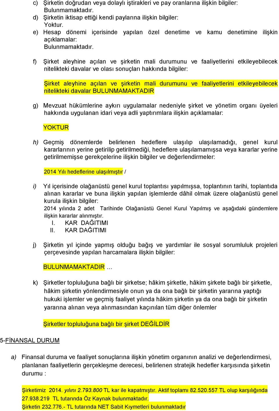 olası sonuçları hakkında bilgiler: Şirket aleyhine açılan ve şirketin mali durumunu ve faaliyetlerini etkileyebilecek nitelikteki davalar BULUNMAMAKTADIR g) Mevzuat hükümlerine aykırı uygulamalar