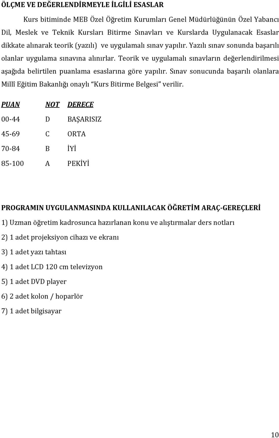 Teorik ve uygulamalı sınavların değerlendirilmesi aşağıda belirtilen puanlama esaslarına göre yapılır. Sınav sonucunda başarılı olanlara Millî Eğitim Bakanlığı onaylı Kurs Bitirme Belgesi verilir.